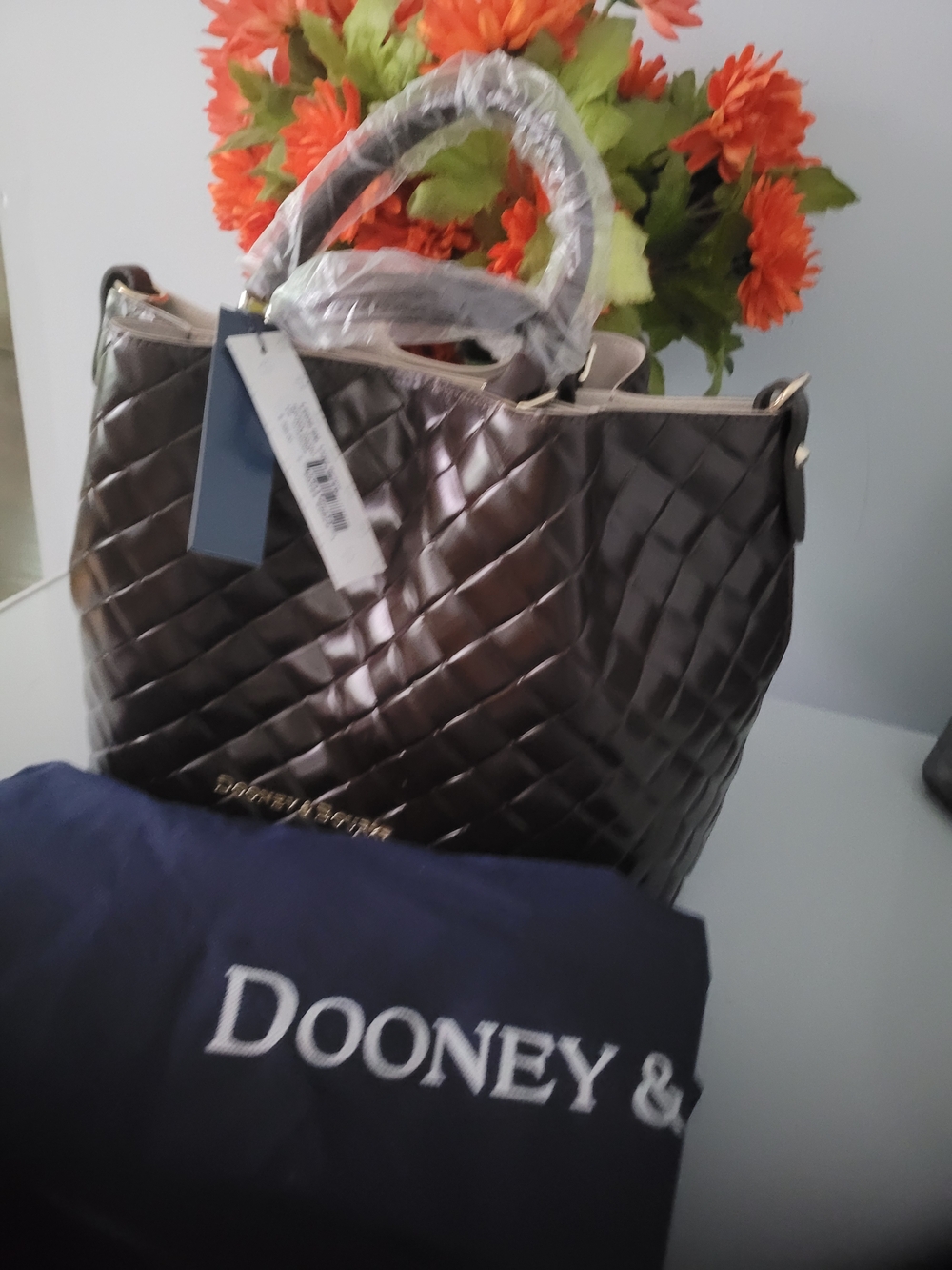 Dooney & Bourke Dark Brown Woven Tote with Top Handles - Picture 3 of 6